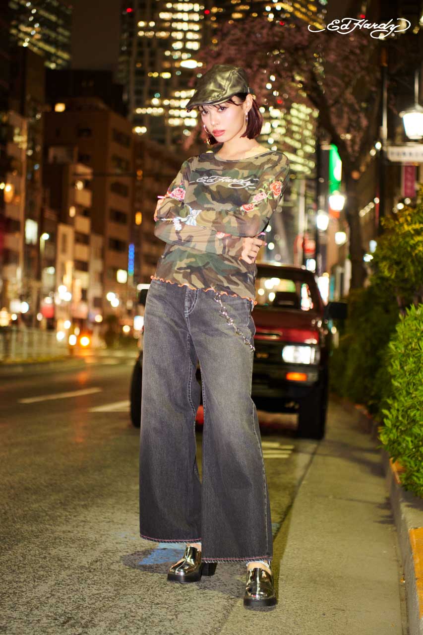 (Ed Hardy)シアーロングスリーブ Tシャツ 迷彩 FREE