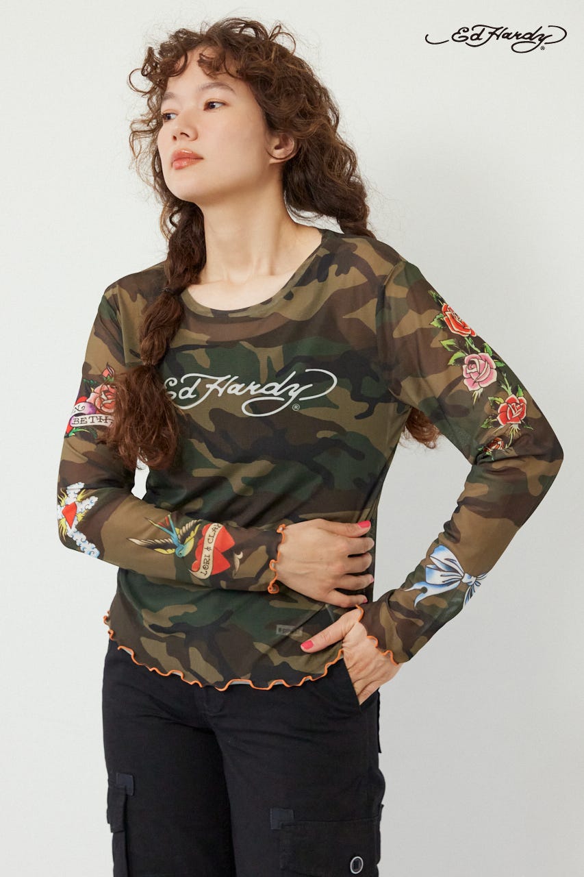 (Ed Hardy)シアーロングスリーブ Tシャツ 迷彩 FREE