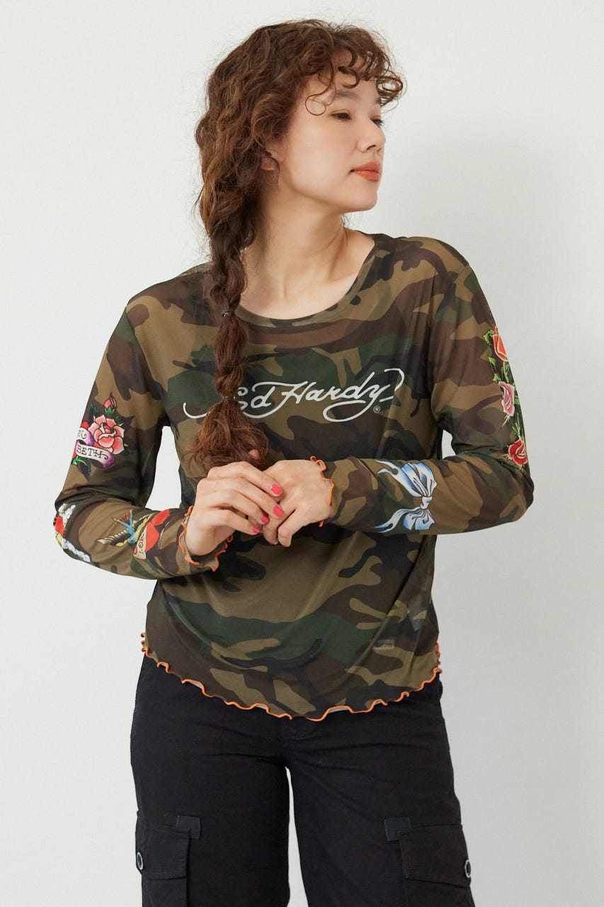 (Ed Hardy)シアーロングスリーブ Tシャツ 迷彩 FREE