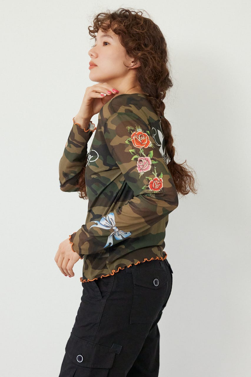 (Ed Hardy)シアーロングスリーブ Tシャツ 迷彩 FREE