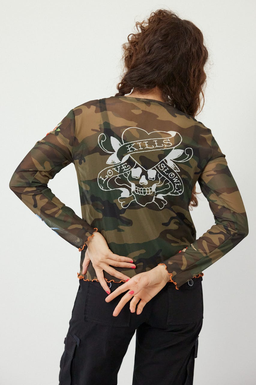 (Ed Hardy)シアーロングスリーブ Tシャツ 迷彩 FREE