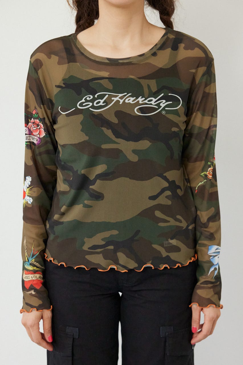 (Ed Hardy)シアーロングスリーブ Tシャツ 迷彩 FREE
