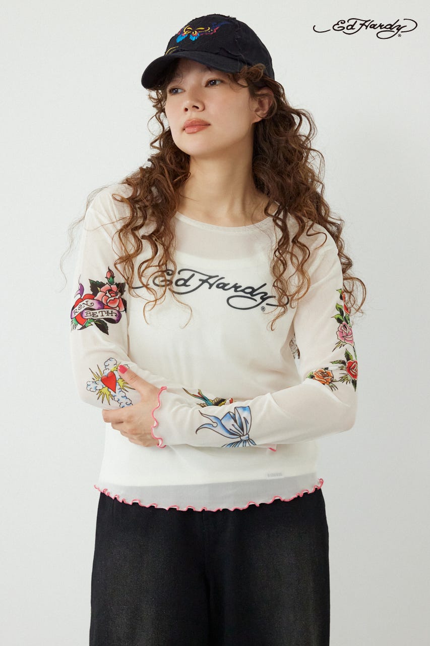(Ed Hardy)シアーロングスリーブ Tシャツ O/WHT FREE