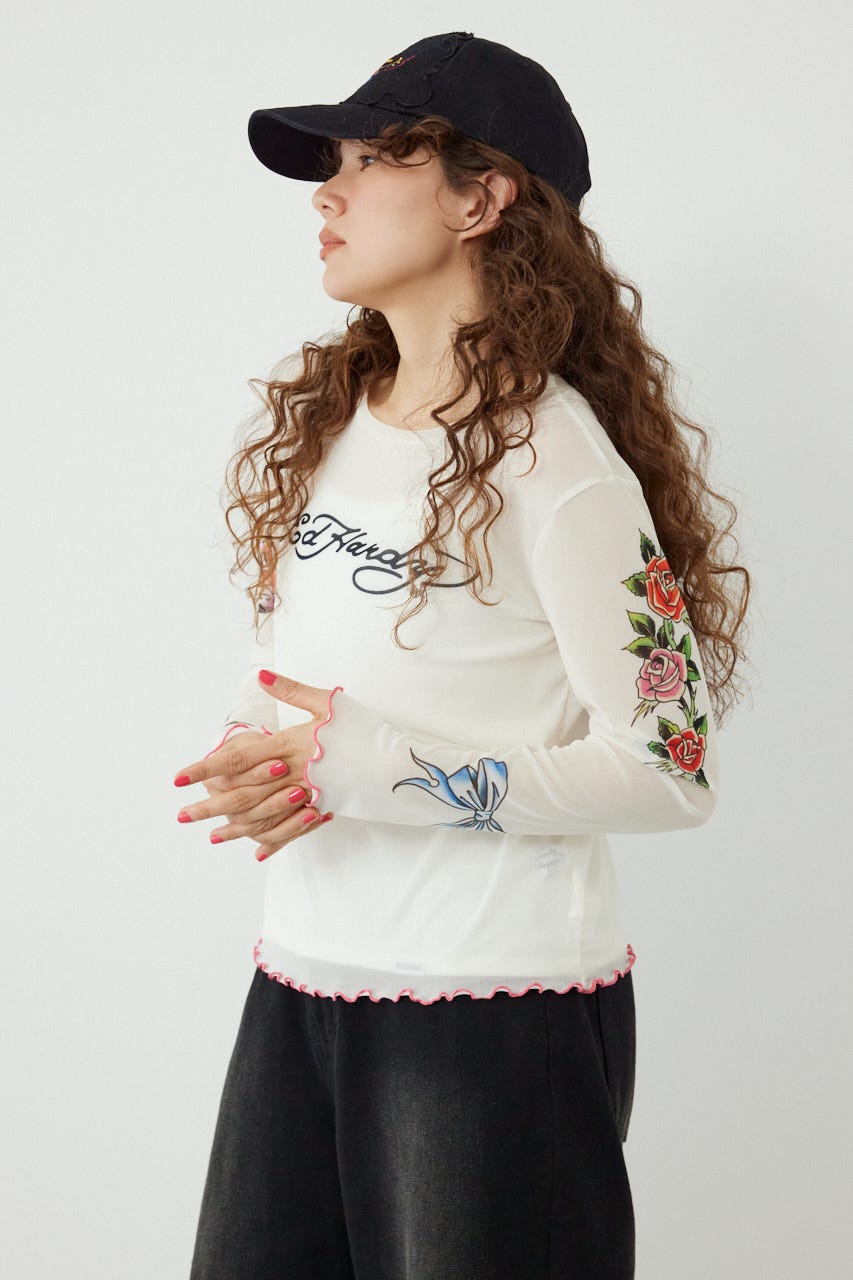 (Ed Hardy)シアーロングスリーブ Tシャツ O/WHT FREE