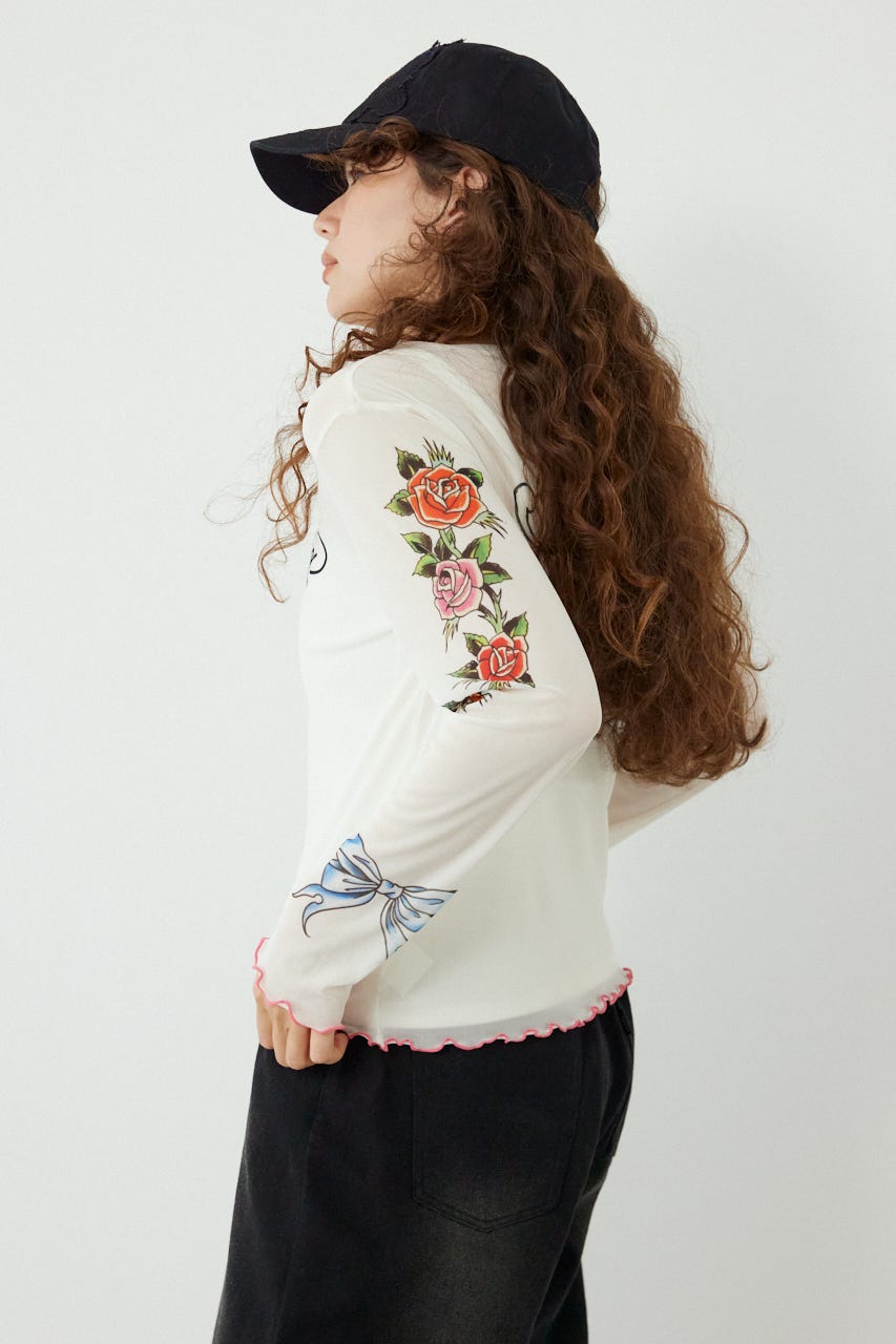 (Ed Hardy)シアーロングスリーブ Tシャツ O/WHT FREE