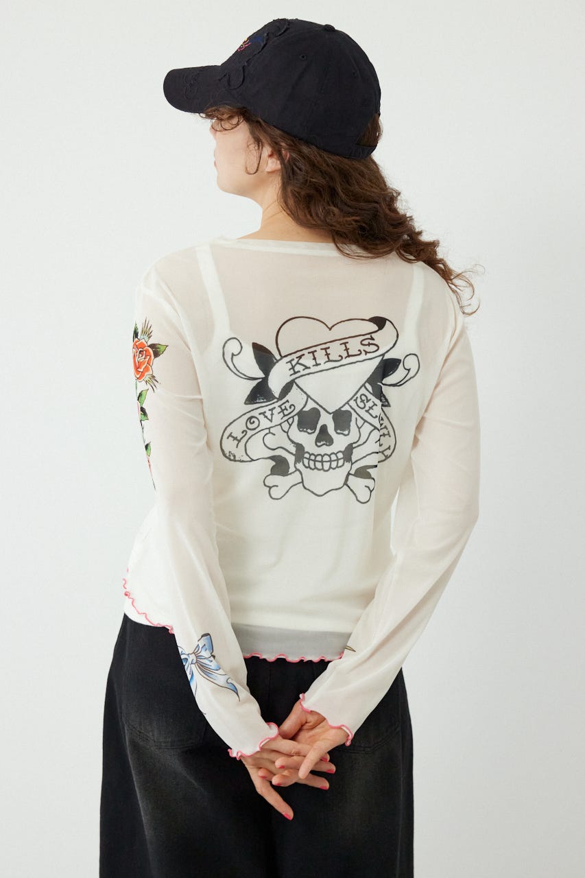 (Ed Hardy)シアーロングスリーブ Tシャツ O/WHT FREE