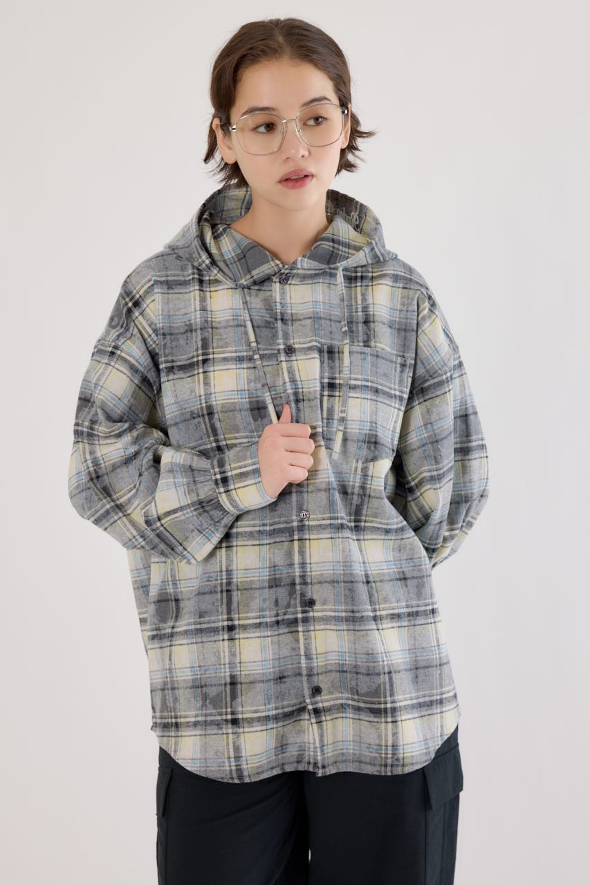 ヴィンテージチェックフードシャツ 柄BLK FREE