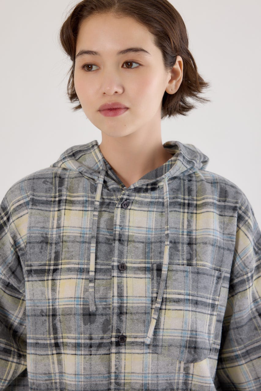 ヴィンテージチェックフードシャツ 柄BLK FREE