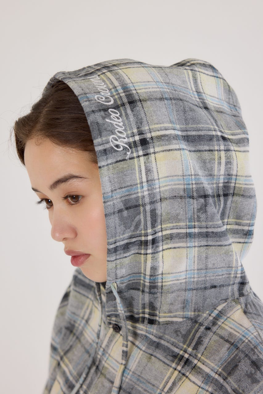 ヴィンテージチェックフードシャツ 柄BLK FREE