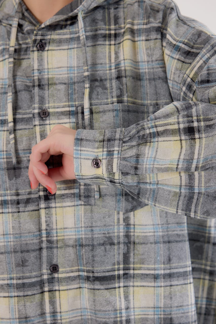 ヴィンテージチェックフードシャツ 柄BLK FREE