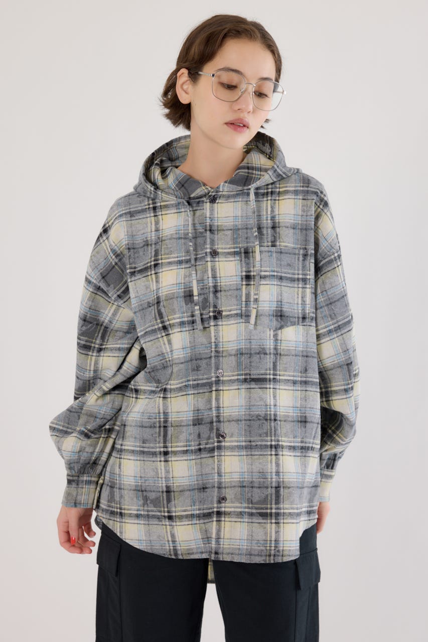 ヴィンテージチェックフードシャツ 柄BLK FREE