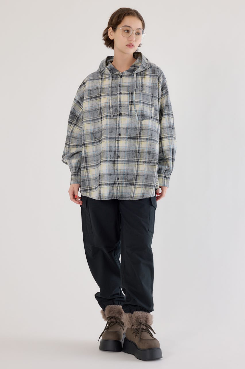 ヴィンテージチェックフードシャツ 柄BLK FREE