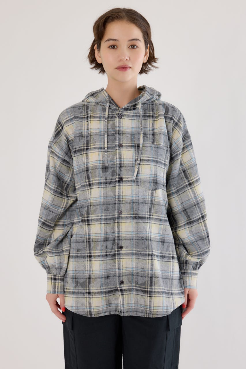 ヴィンテージチェックフードシャツ 柄BLK FREE