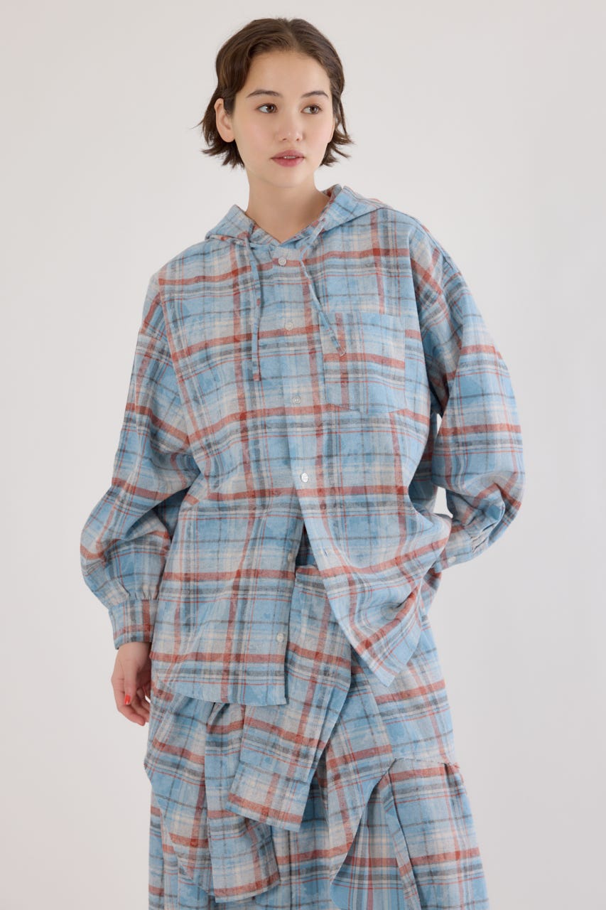 ヴィンテージチェックフードシャツ 柄BLU FREE