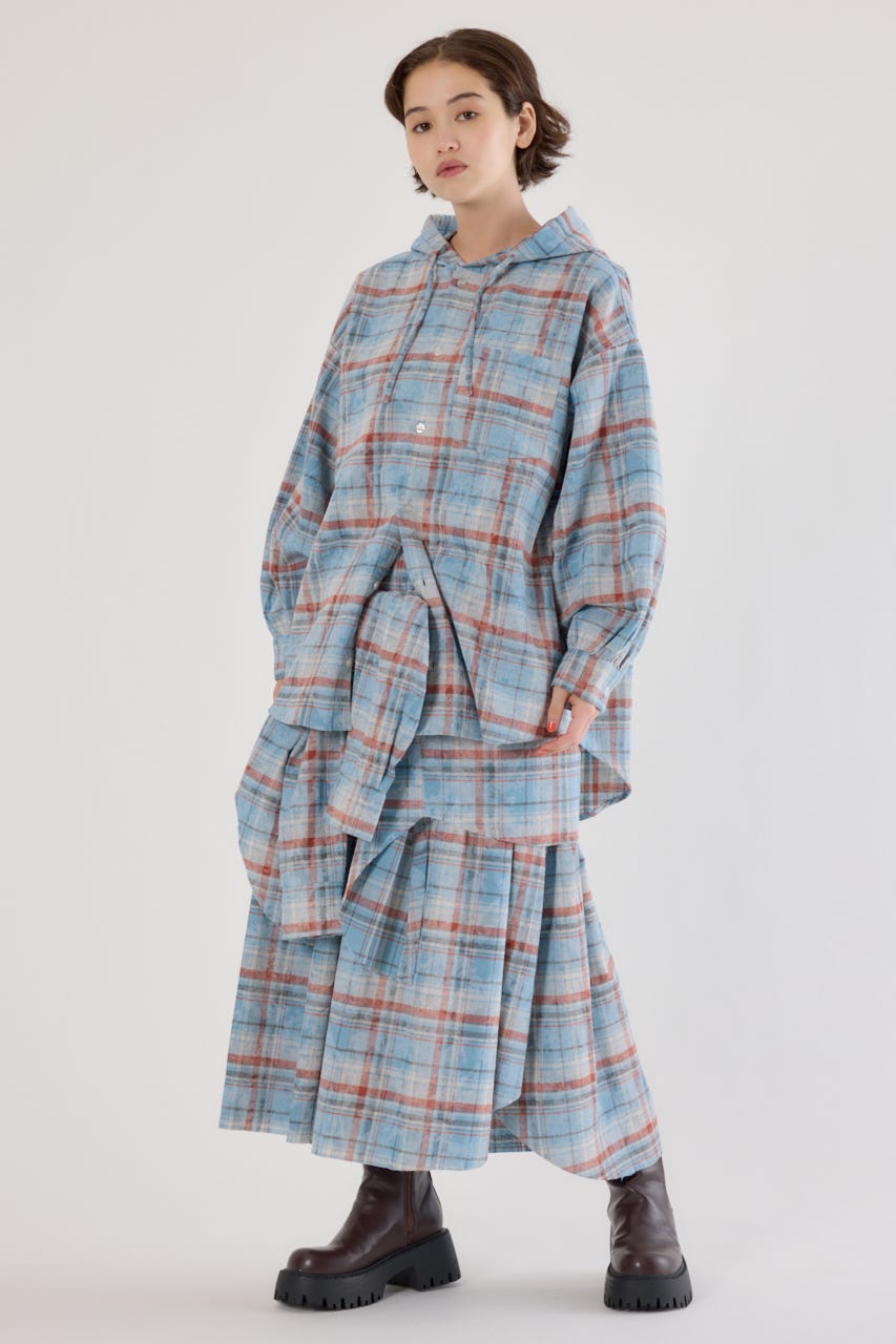 ヴィンテージチェックフードシャツ 柄BLU FREE