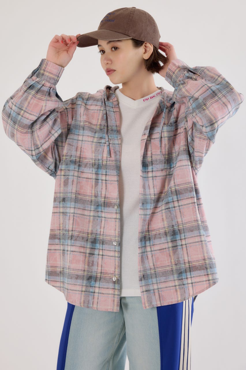 ヴィンテージチェックフードシャツ 柄PNK FREE