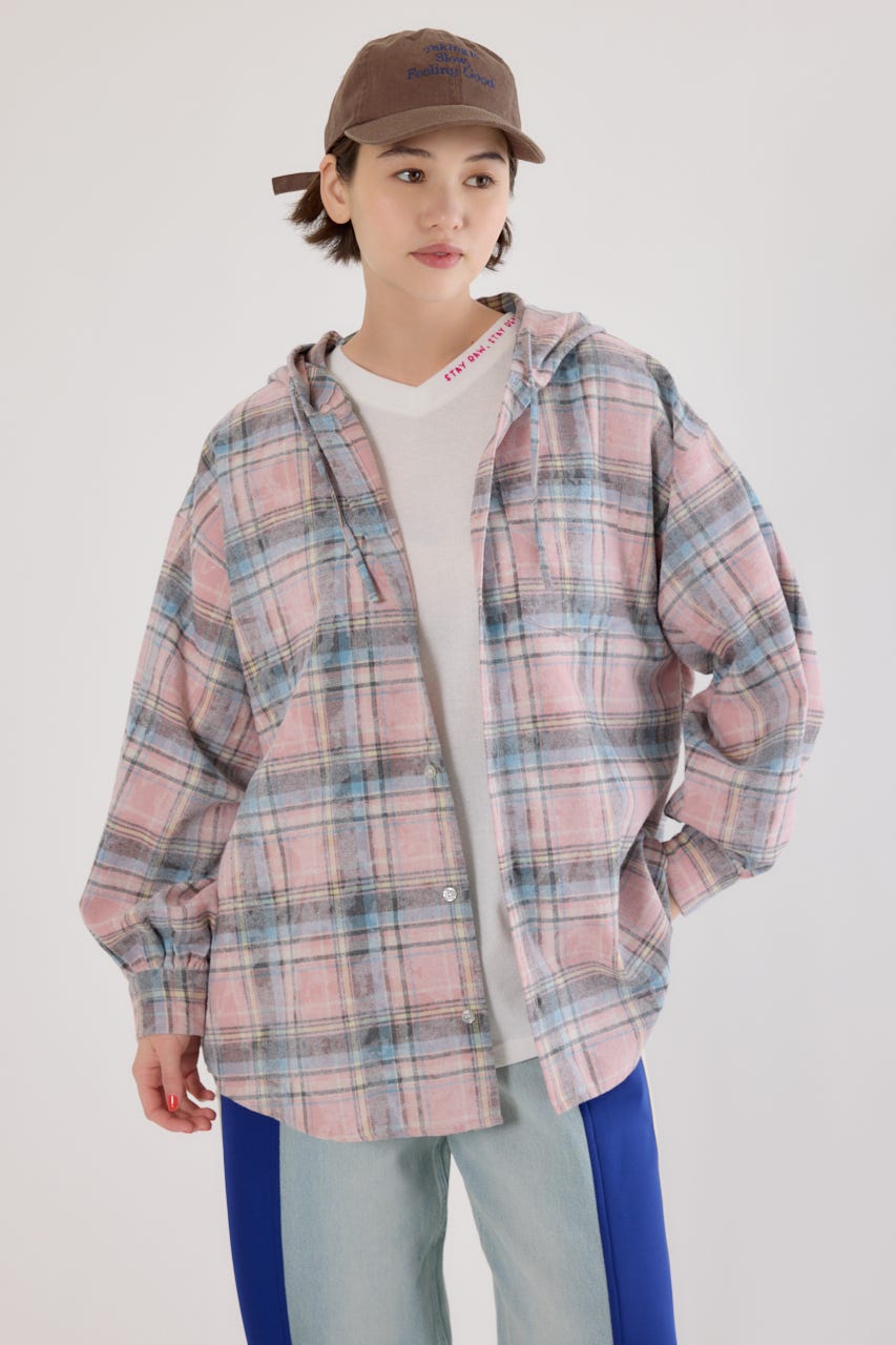 ヴィンテージチェックフードシャツ 柄PNK FREE