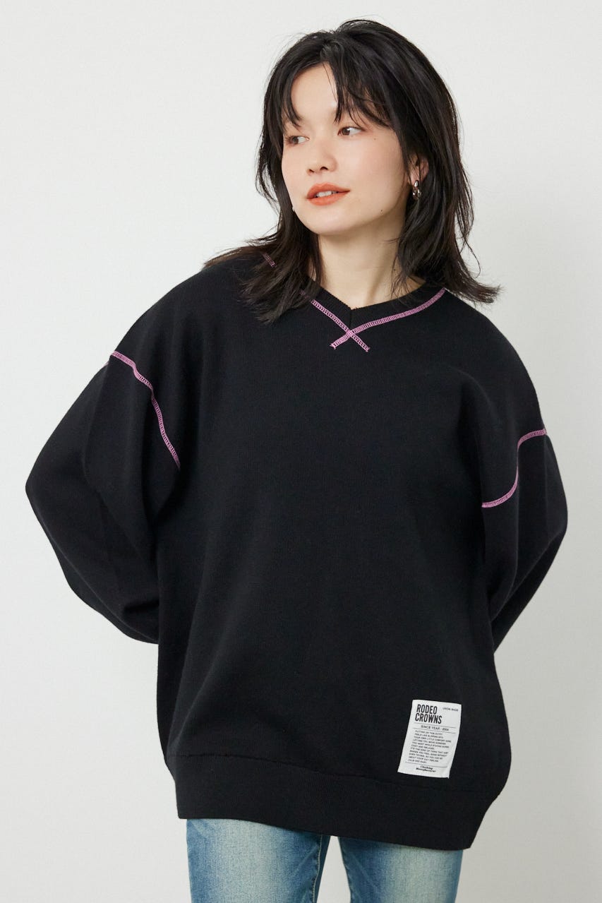 スウェットライク2wayネックニットトップス BLK FREE