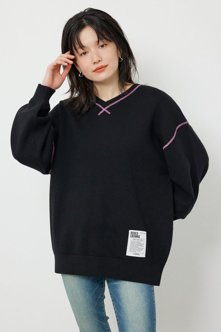 スウェットライク2wayネックニットトップス BLK FREE