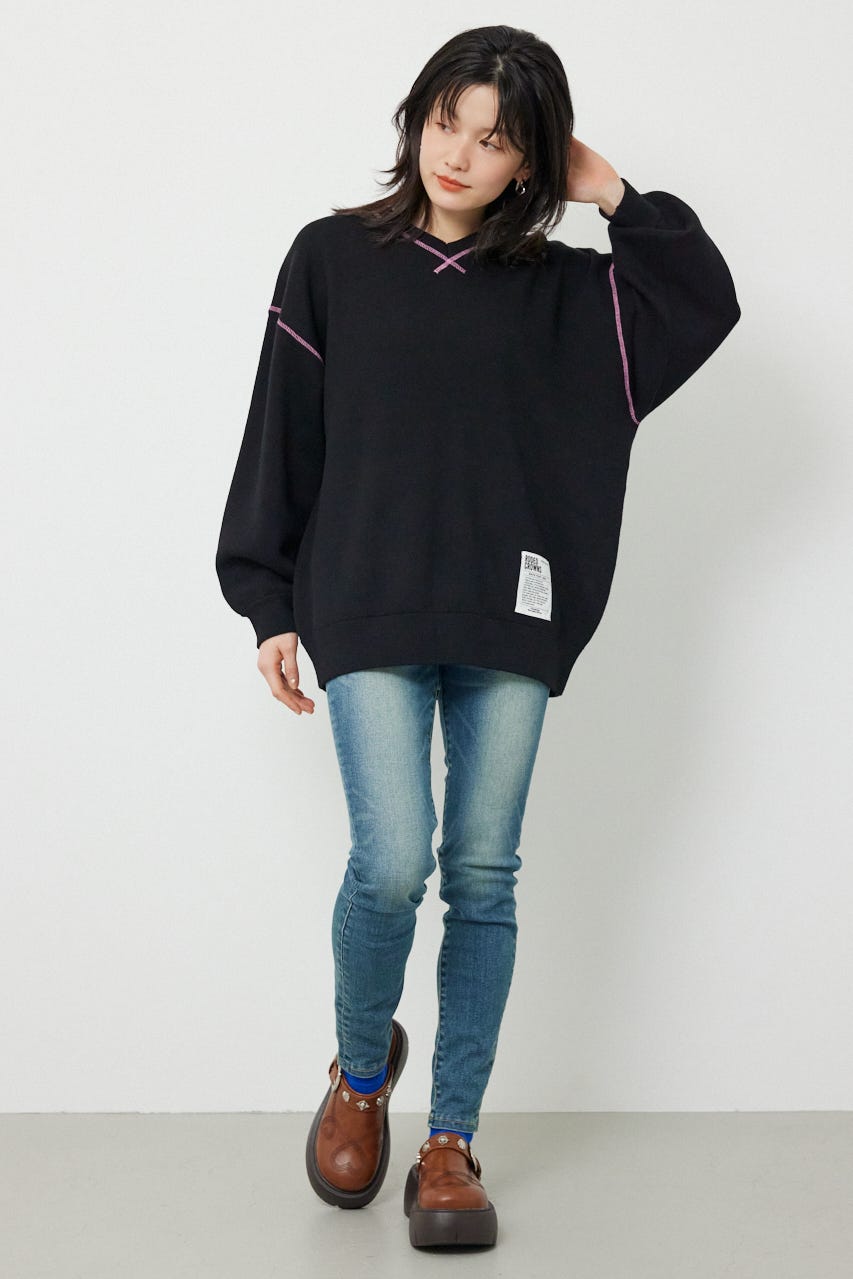 スウェットライク2wayネックニットトップス BLK FREE