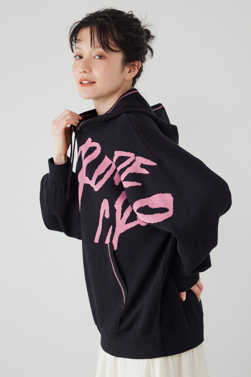 スウェットライクフロントロゴニットフーディー BLK FREE