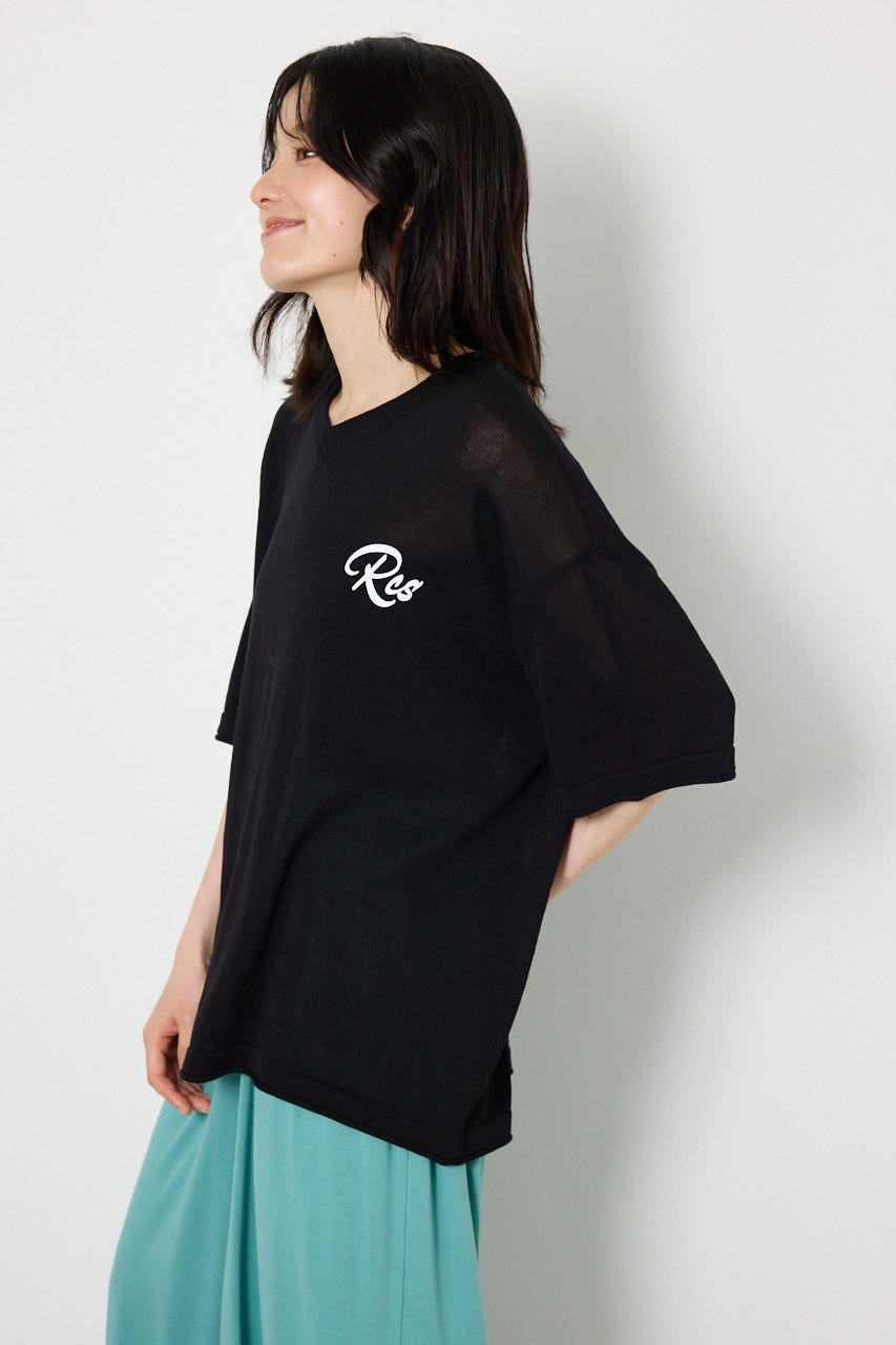 Vネックメッセージロゴニットトップス BLK FREE