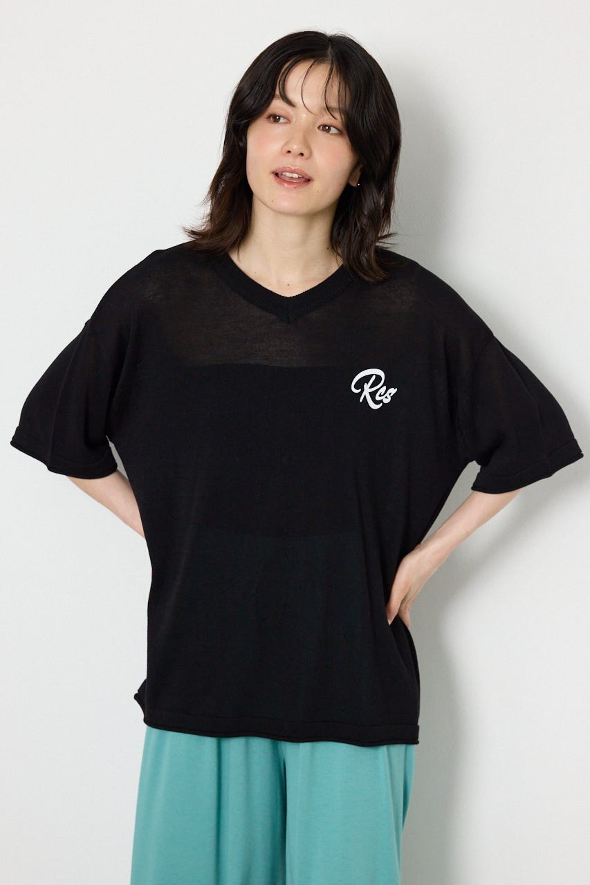 Vネックメッセージロゴニットトップス BLK FREE