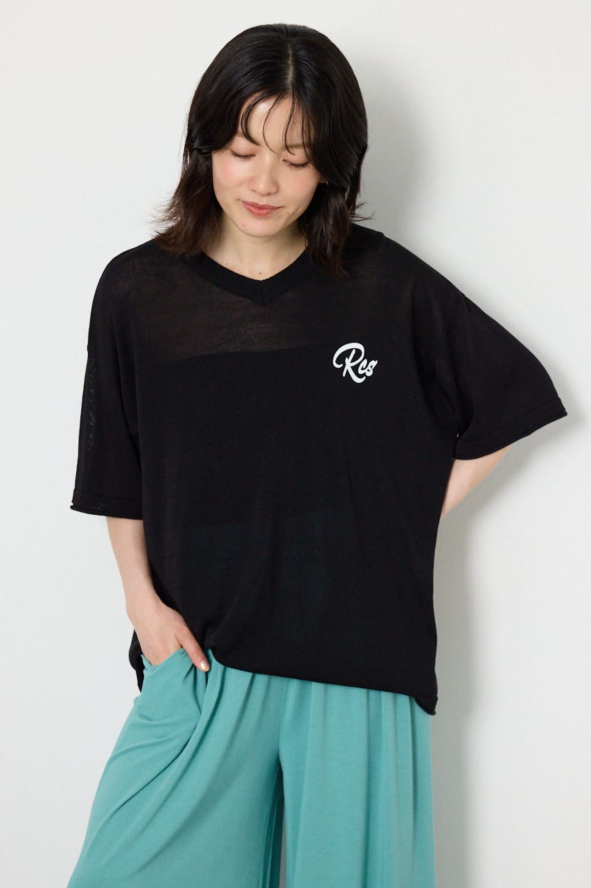 Vネックメッセージロゴニットトップス BLK FREE