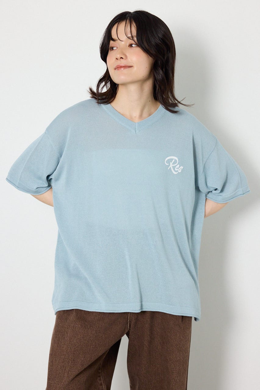 Vネックメッセージロゴニットトップス L/BLU FREE