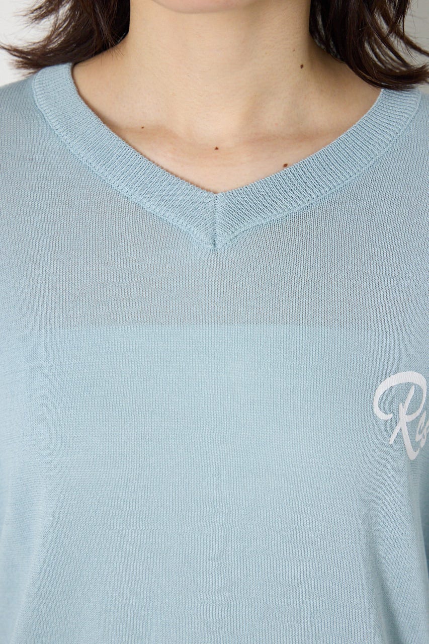 Vネックメッセージロゴニットトップス L/BLU FREE