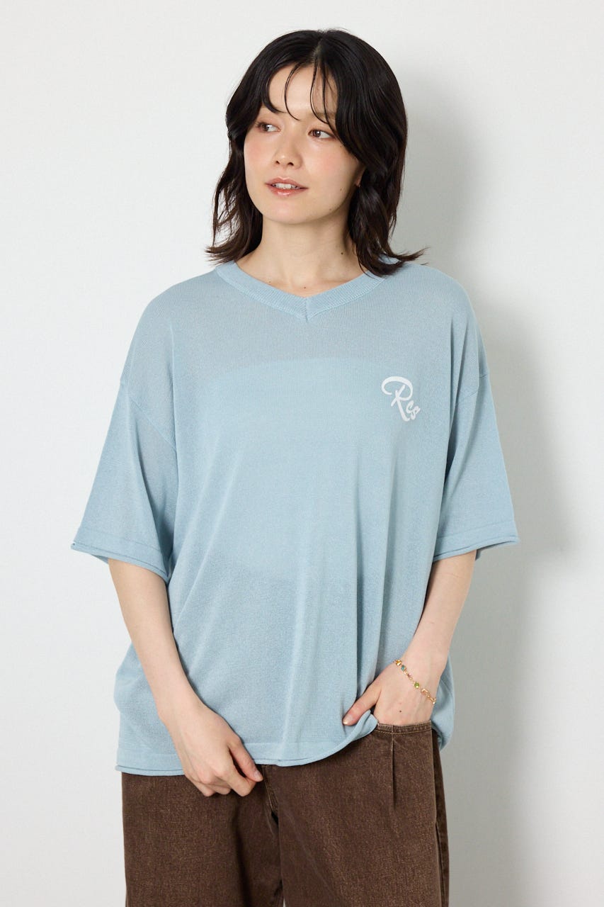 Vネックメッセージロゴニットトップス L/BLU FREE