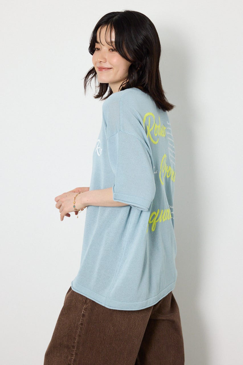 Vネックメッセージロゴニットトップス L/BLU FREE