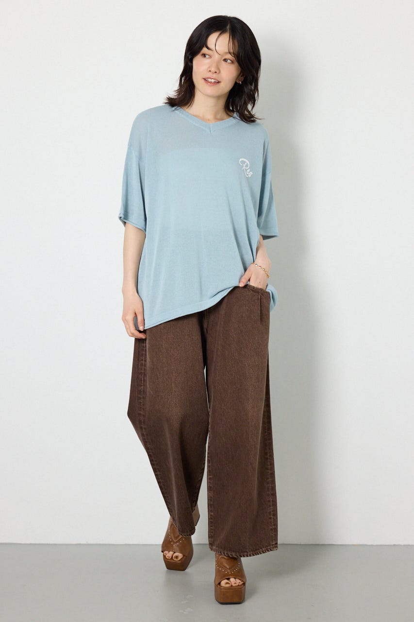 Vネックメッセージロゴニットトップス L/BLU FREE