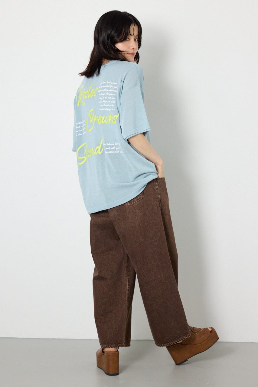Vネックメッセージロゴニットトップス L/BLU FREE