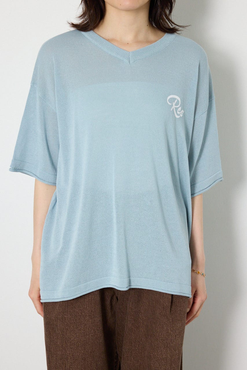 Vネックメッセージロゴニットトップス L/BLU FREE