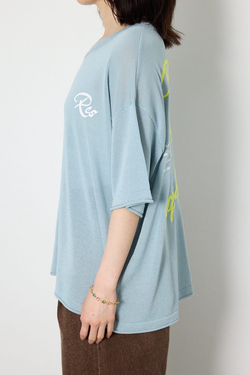 Vネックメッセージロゴニットトップス L/BLU FREE