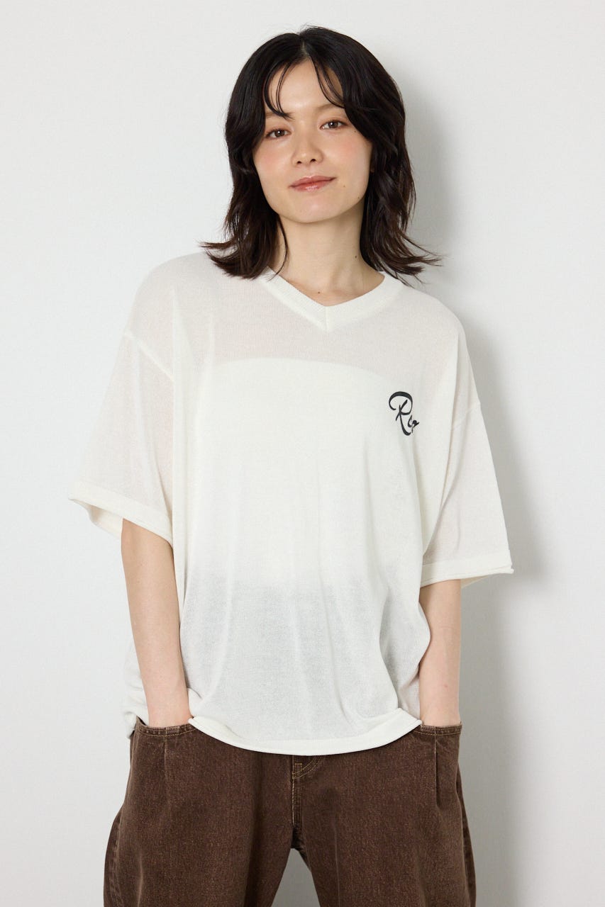 Vネックメッセージロゴニットトップス O/WHT FREE