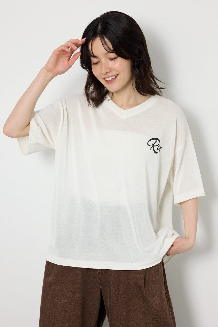Vネックメッセージロゴニットトップス O/WHT FREE