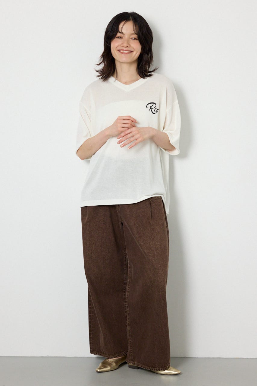 Vネックメッセージロゴニットトップス O/WHT FREE
