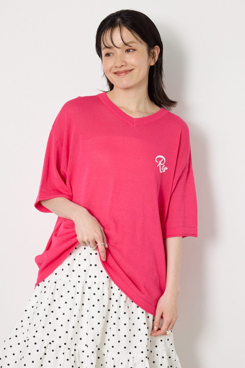 Vネックメッセージロゴニットトップス PNK FREE