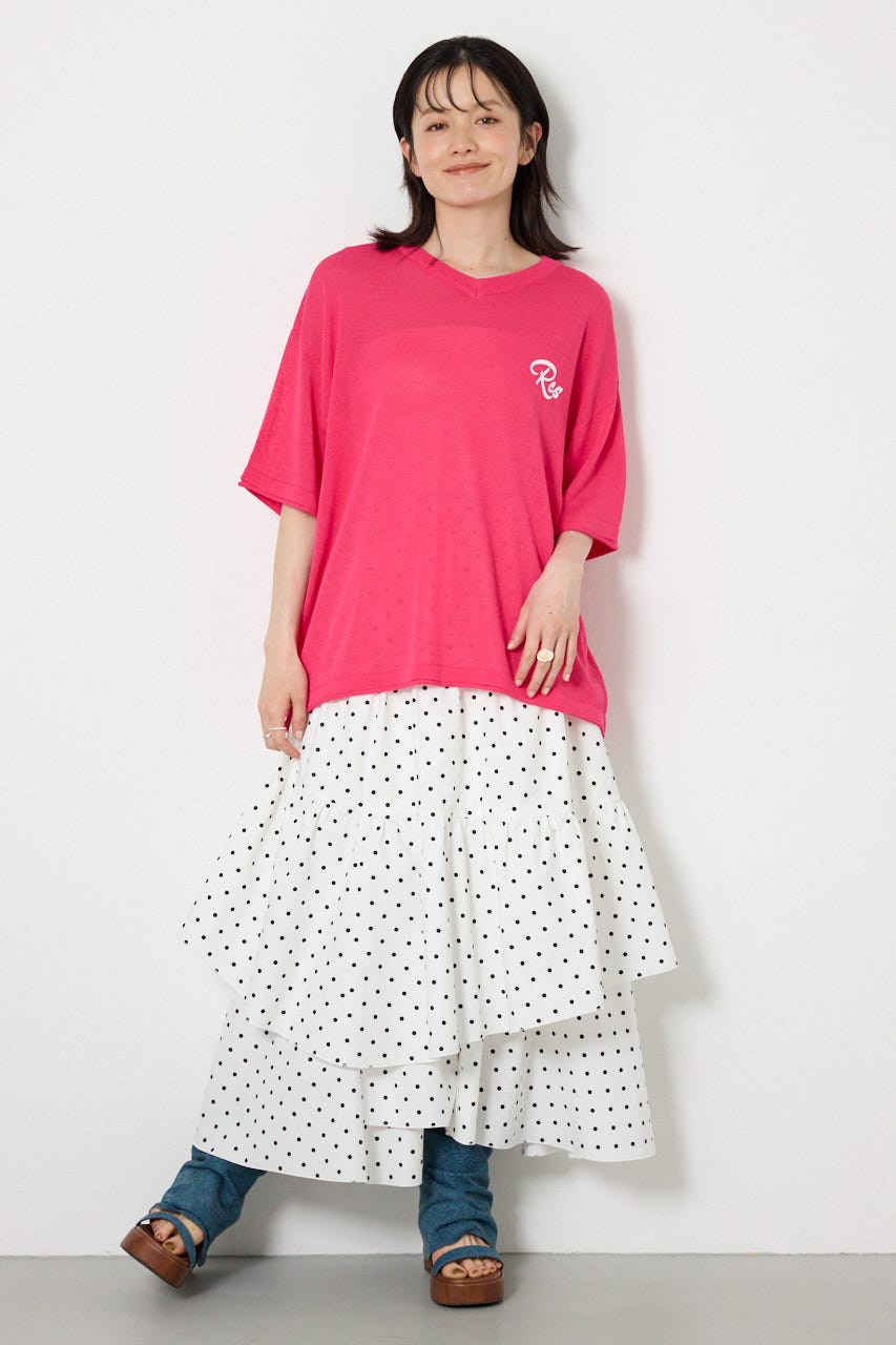 Vネックメッセージロゴニットトップス PNK FREE