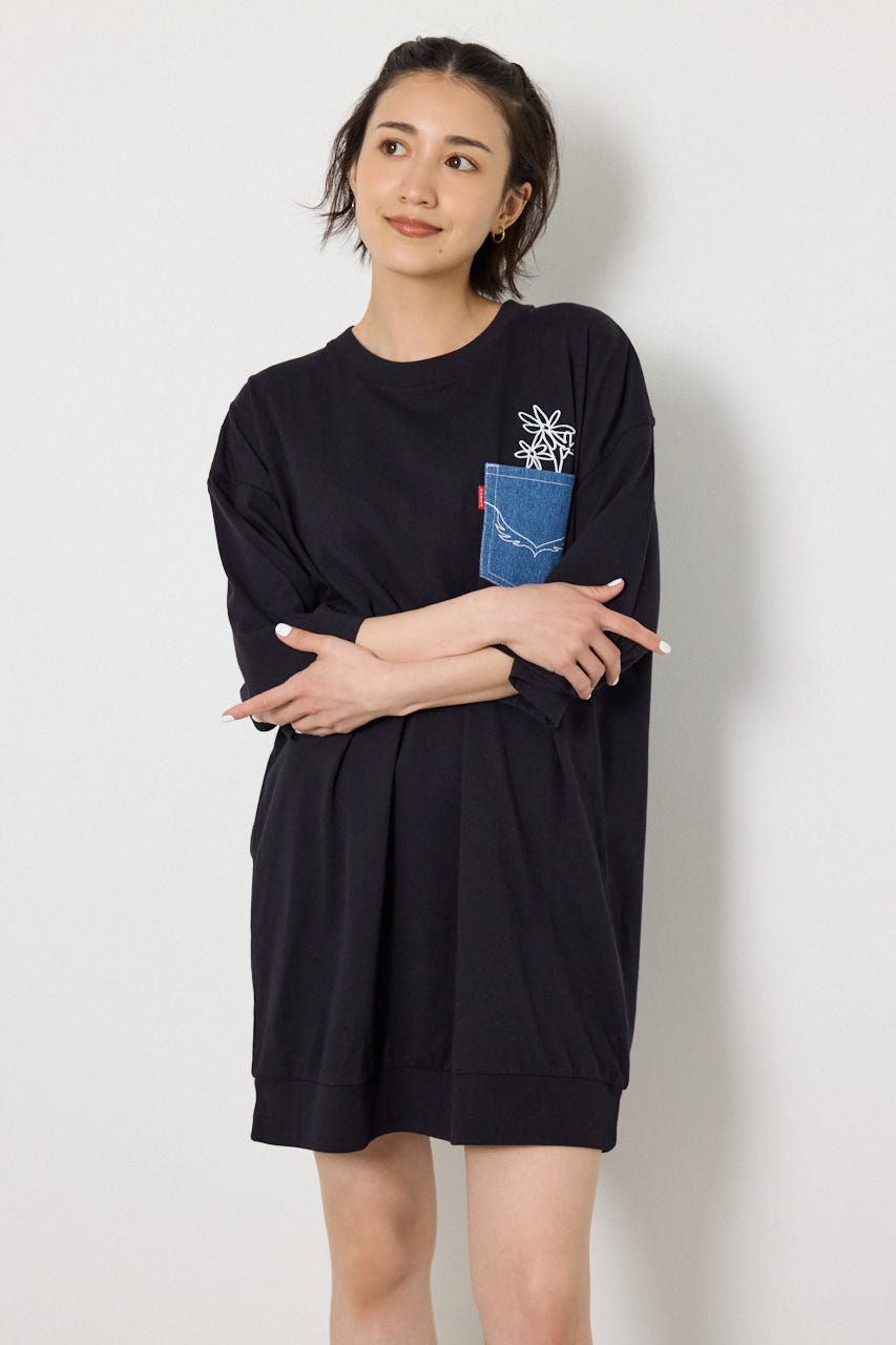 エンボスデニムロゴワンピース BLK FREE