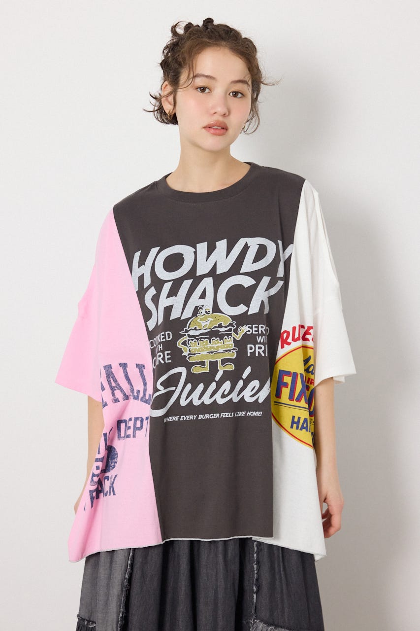 カスタムオープンショルダーTシャツ 柄C.GRY FREE