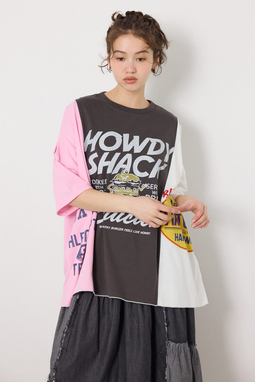 カスタムオープンショルダーTシャツ 柄C.GRY FREE