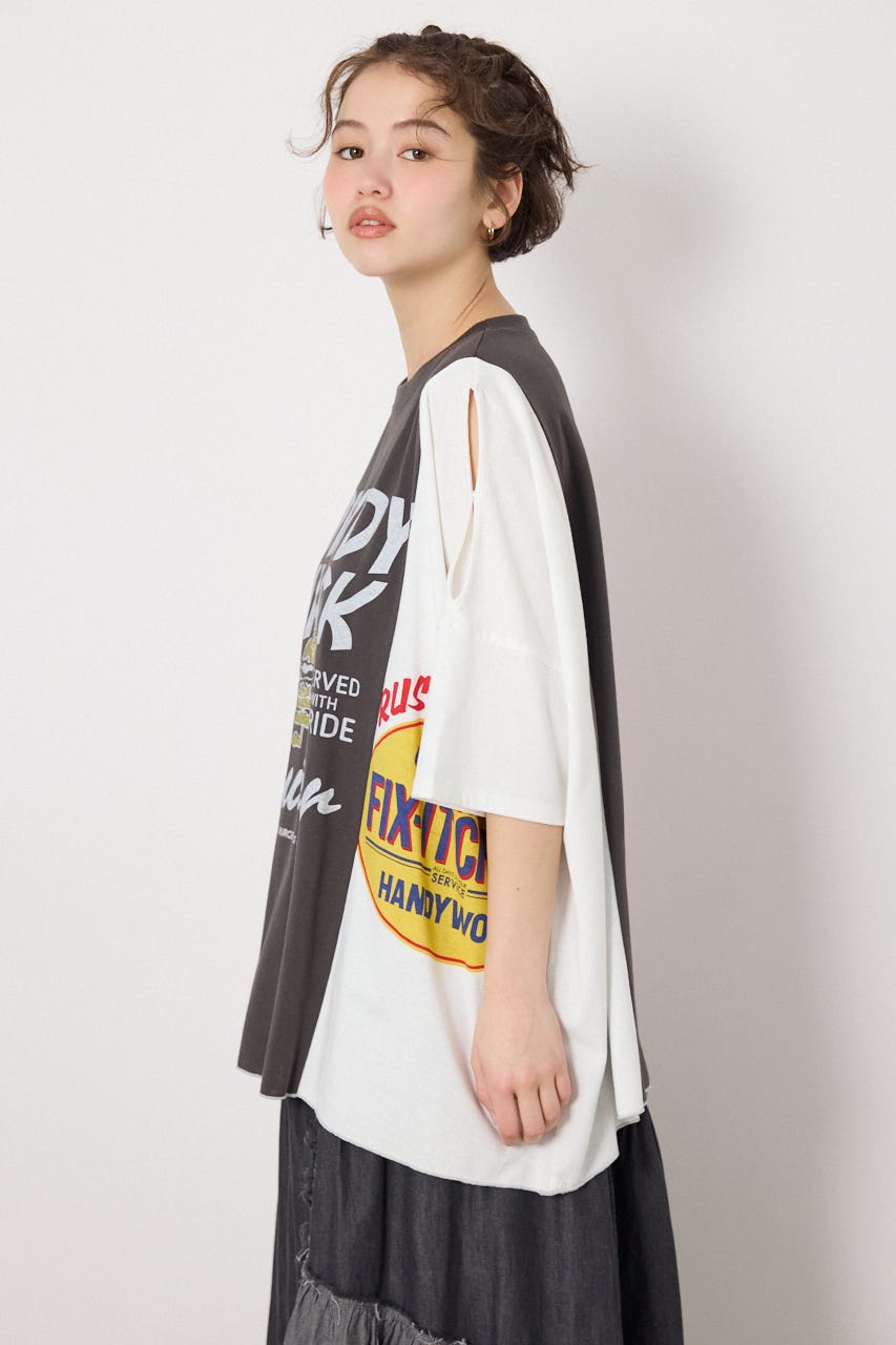 カスタムオープンショルダーTシャツ 柄C.GRY FREE