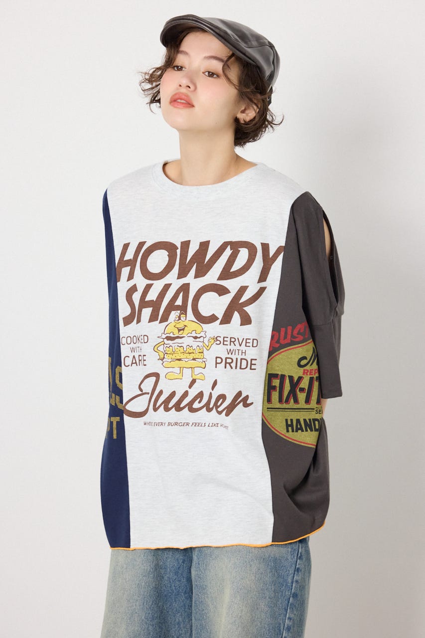 カスタムオープンショルダーTシャツ 柄T.GRY FREE