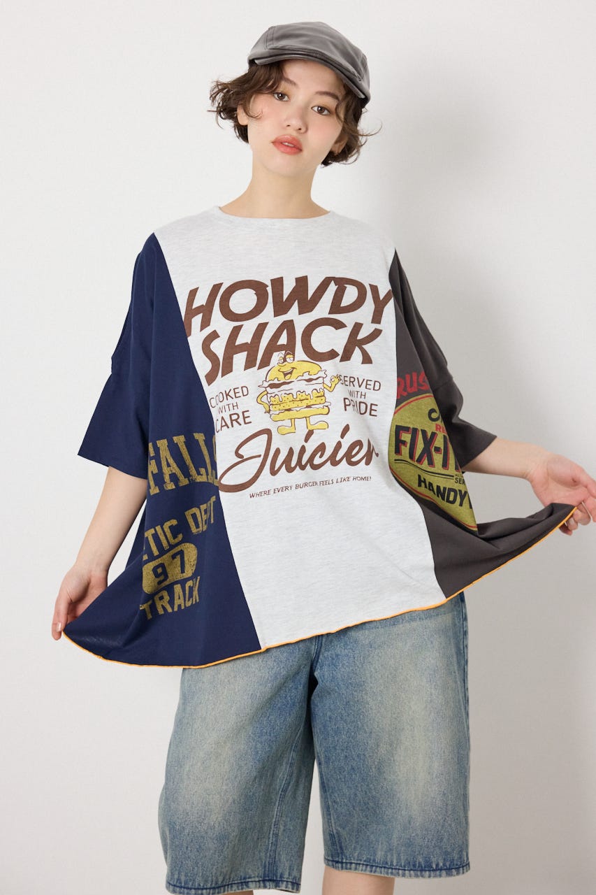 カスタムオープンショルダーTシャツ 柄T.GRY FREE