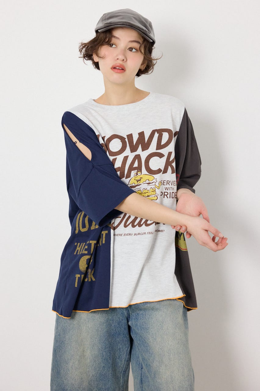 カスタムオープンショルダーTシャツ 柄T.GRY FREE