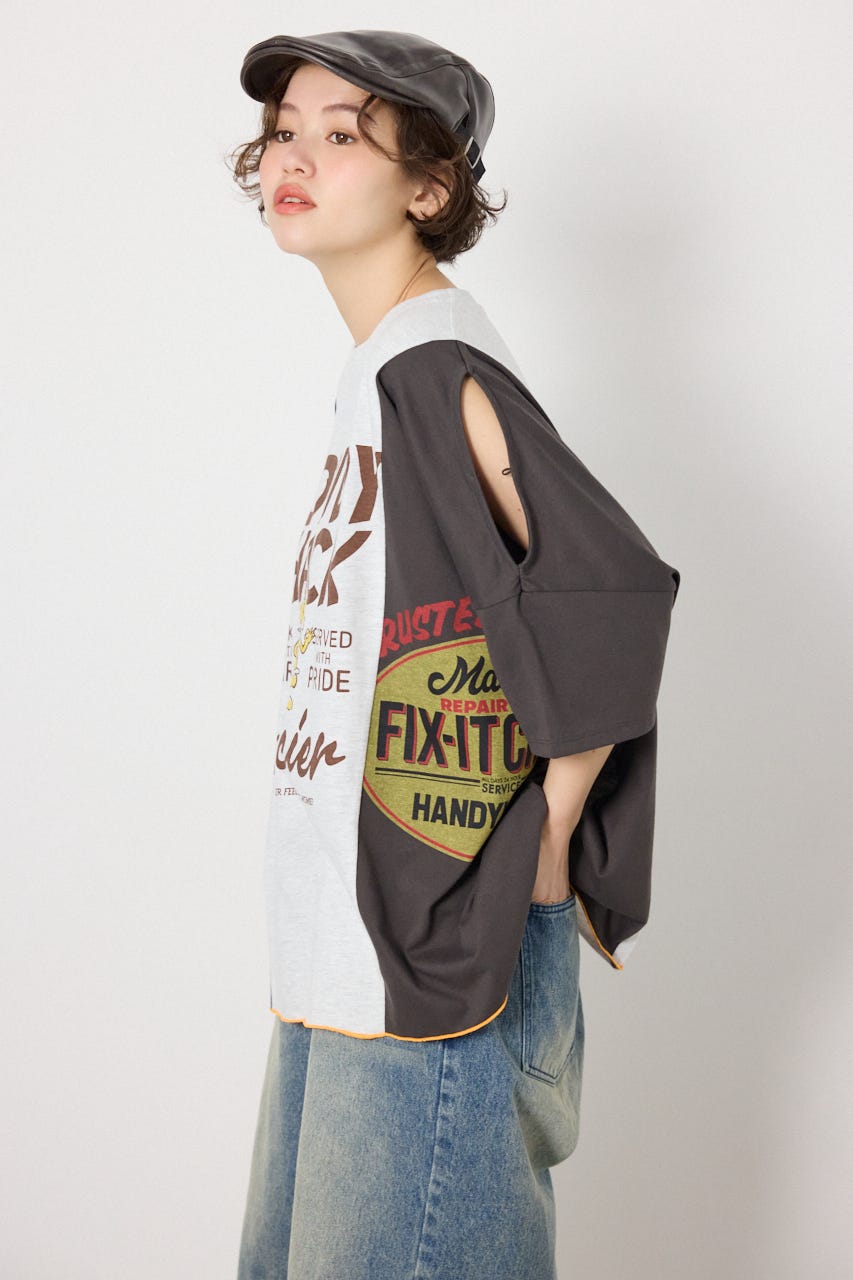 カスタムオープンショルダーTシャツ 柄T.GRY FREE