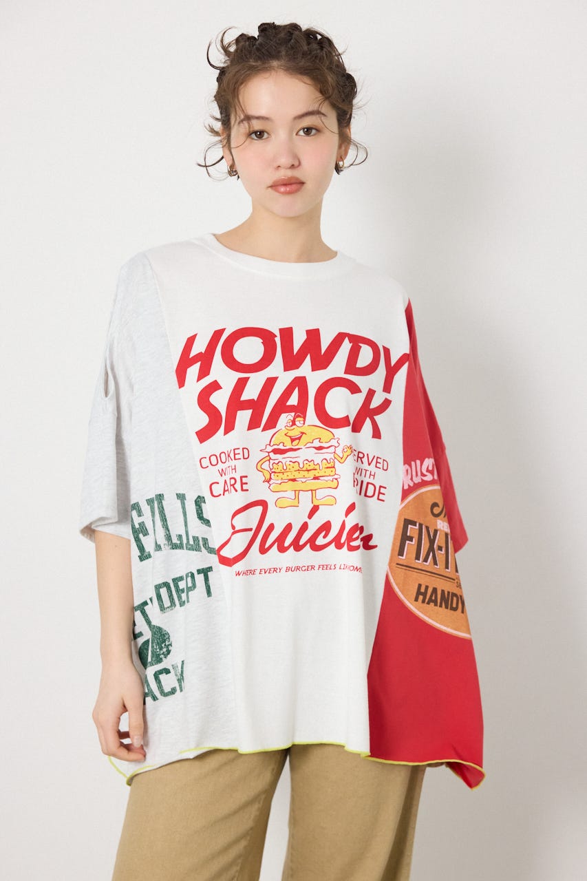 カスタムオープンショルダーTシャツ 柄WHT FREE